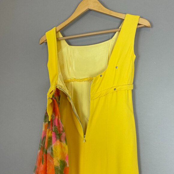 Vintage 1960s Dress Handmade Floral Train Yellow Crepe Empire Waist Bow Back - Picture 6 of 10